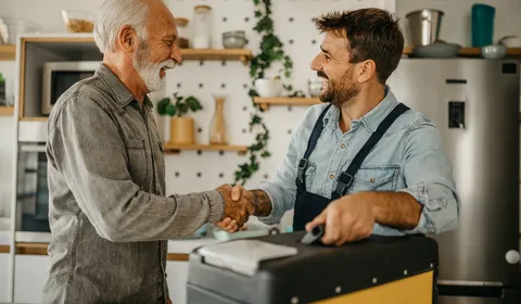 Een monteur en een bewoner schudden elkaar de hand in een huiselijke keuken. De monteur heeft zijn gereedschapskoffer bij zich. Het beeld straalt vertrouwen, persoonlijk contact en een afgeronde service- of onderhoudssituatie uit.