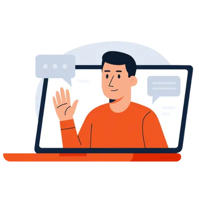 Een illustratie van een zwaaiende man in een laptop