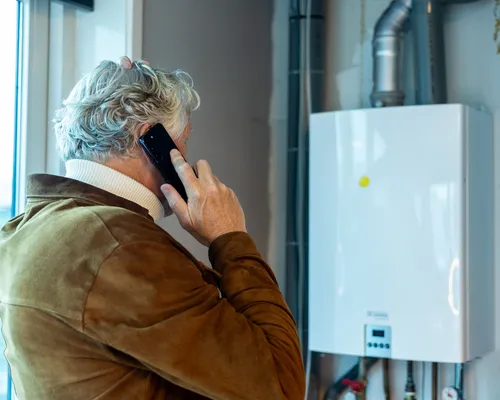 Een persoon staat bij een cv-ketel en belt met een smartphone. De houding en situatie suggereren twijfel of verwarring over de werking van het apparaat. Een herkenbaar moment waarin iemand zoekt naar duidelijkheid bij een technisch probleem.