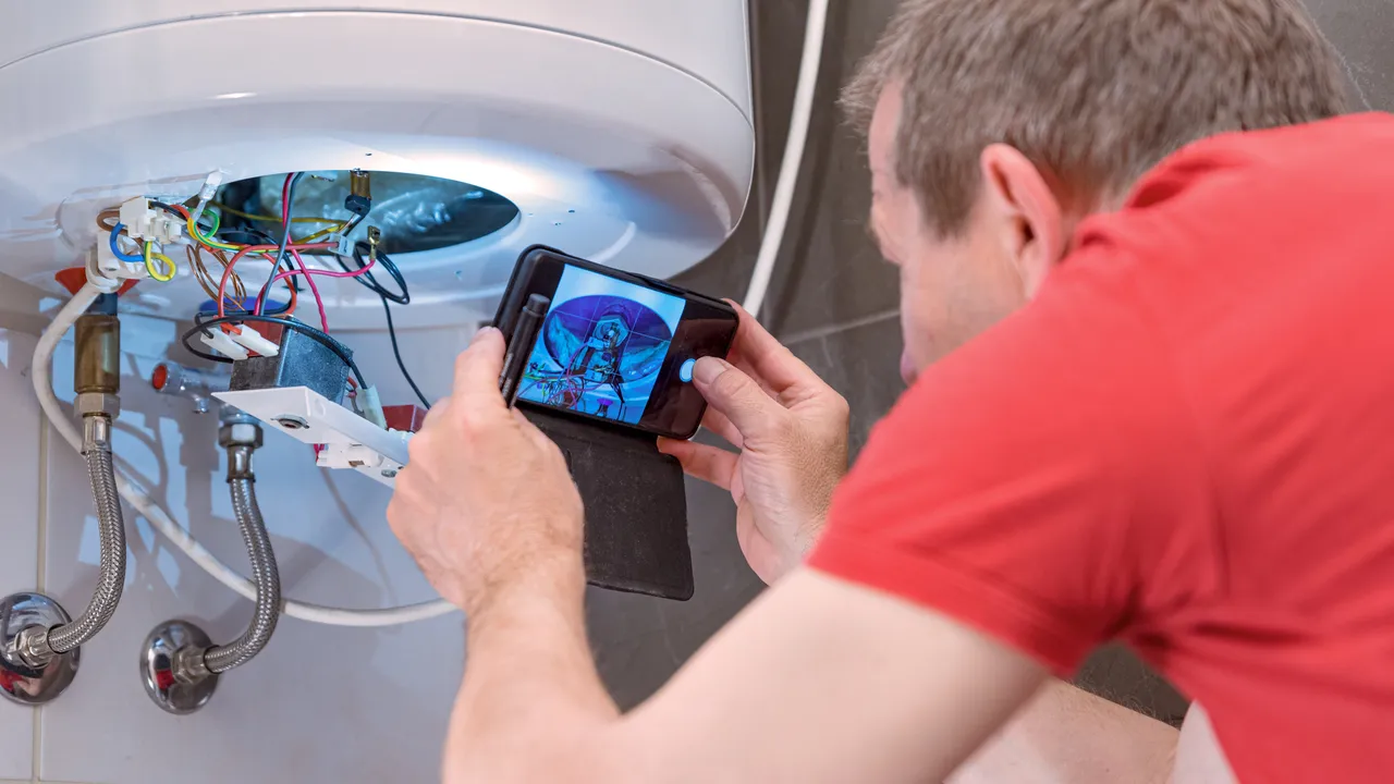 Man maakt een foto van een geopende boiler voor reparatie