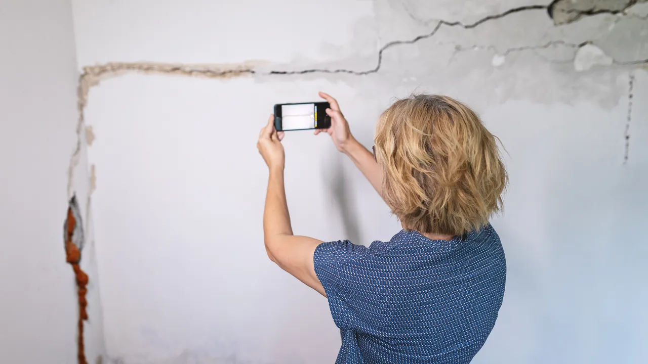 Vrouw documenteert schade aan een muur met haar smartphone